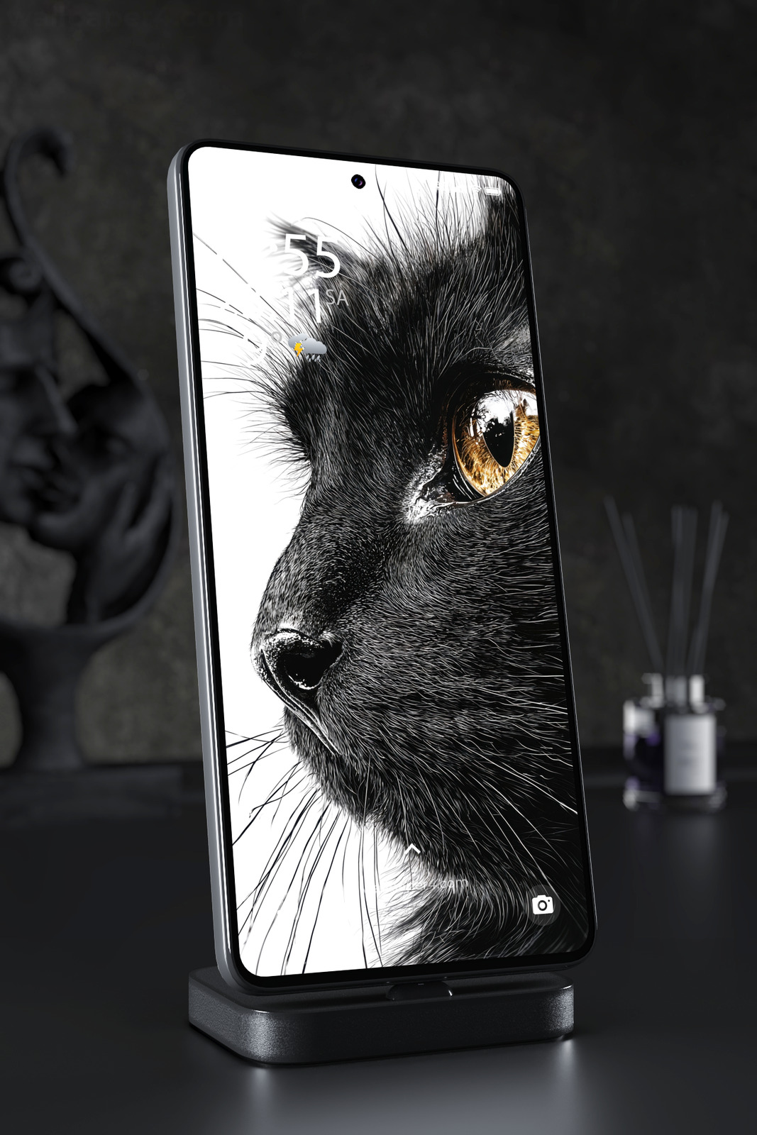 Phone Wallpaper 7525 - Black Cat Golden Eye Macro Portrait in Monochrome