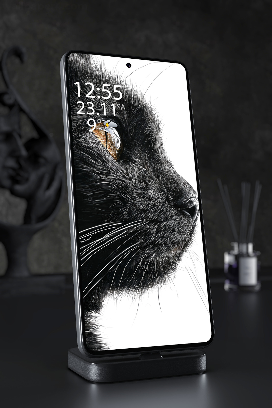 Mobile Wallpaper 7525 - Black Cat Golden Eye Macro Portrait in Monochrome