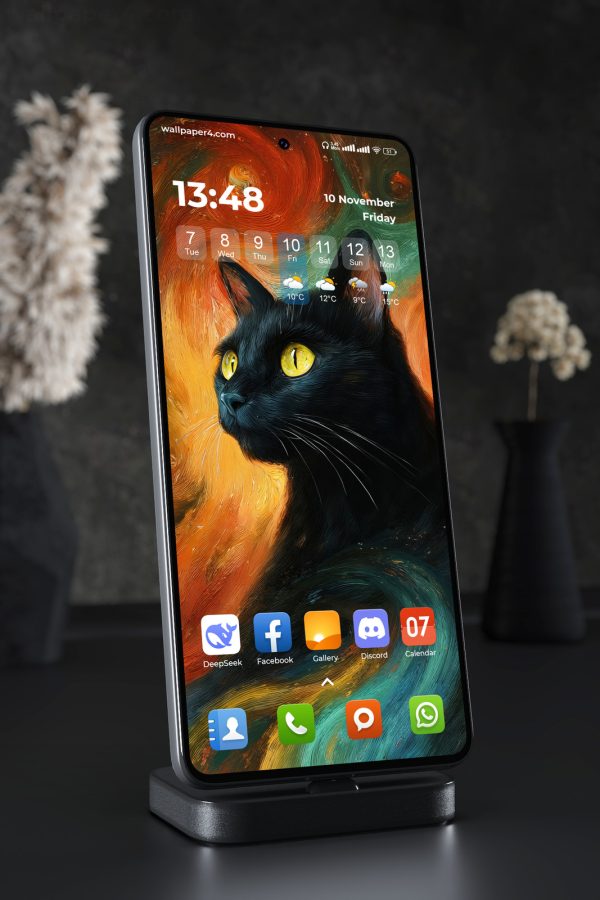 Phone Wallpaper 7530 - Black Cat Beneath a Swirling Cosmic Sky