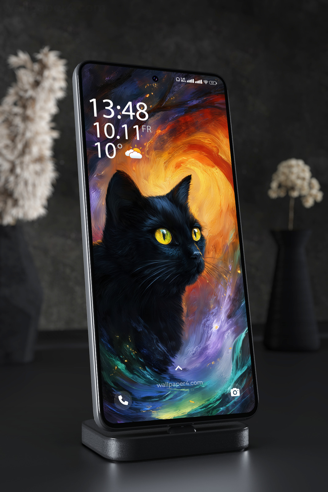 Mobile Wallpaper 7530 - Black Cat Beneath a Swirling Cosmic Sky