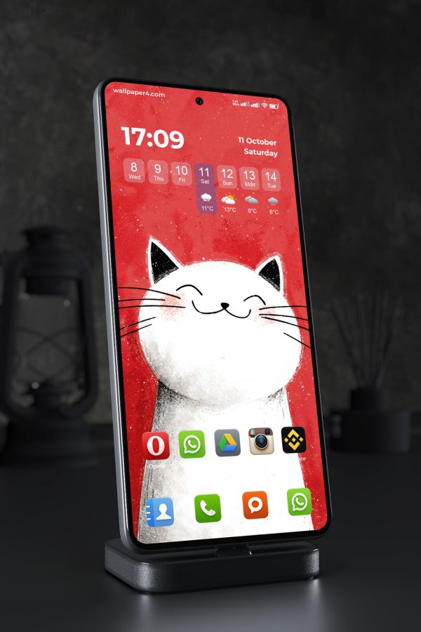 Phone Wallpaper 7539 - Happy White Cat on a Bold Red Background