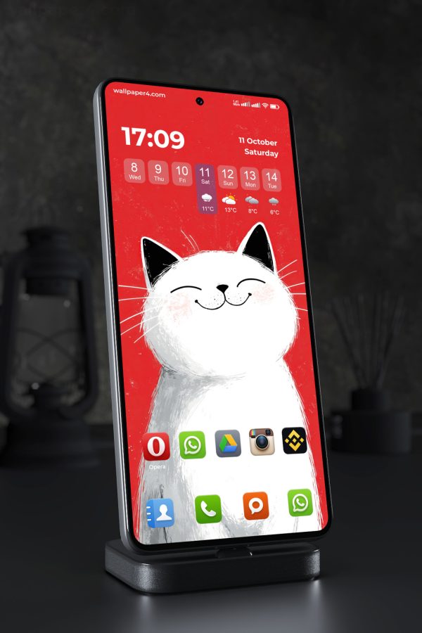 Mobile Wallpaper 7539 - Happy White Cat on a Bold Red Background
