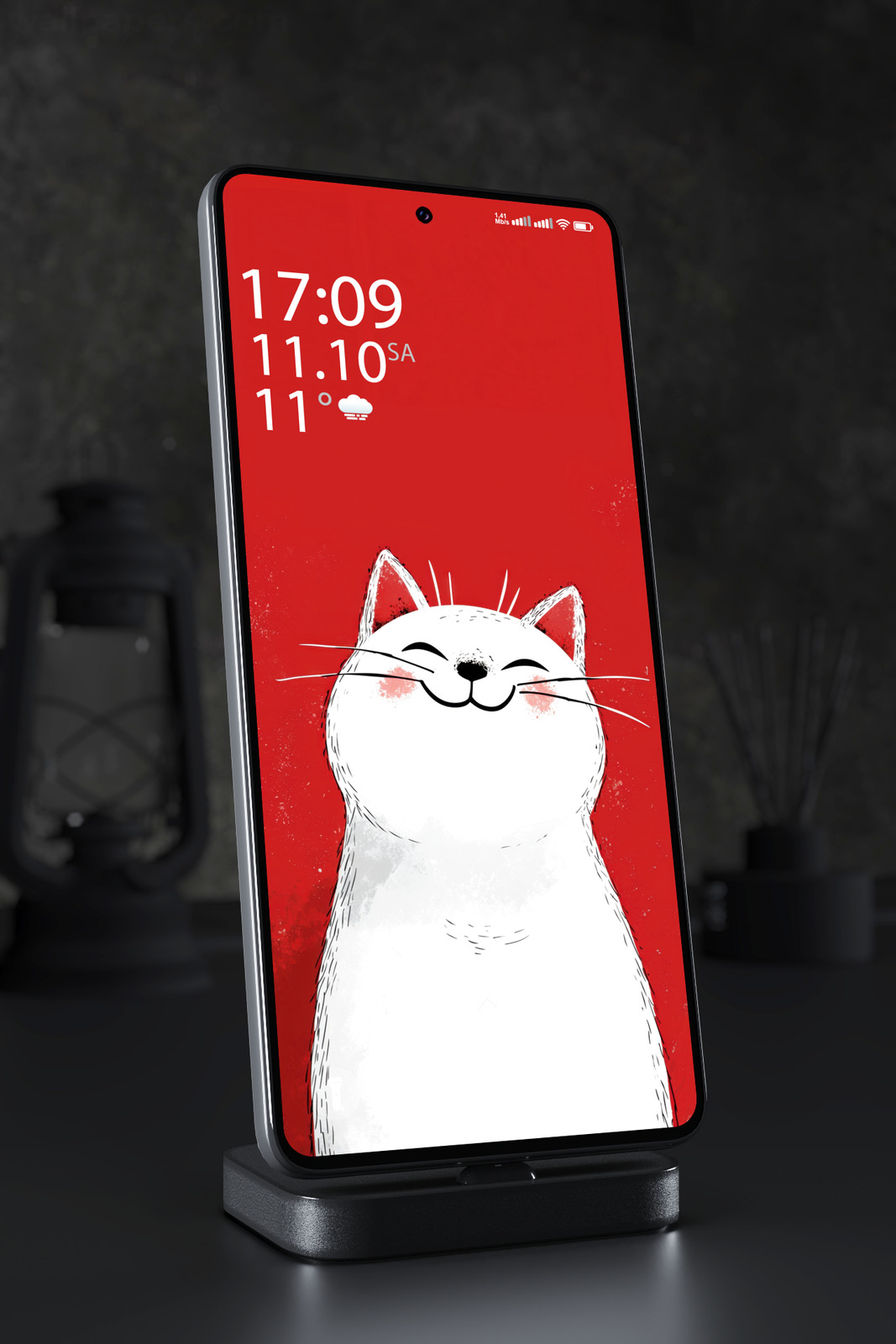 Mobile Wallpaper 7539 - Happy White Cat on a Bold Red Background