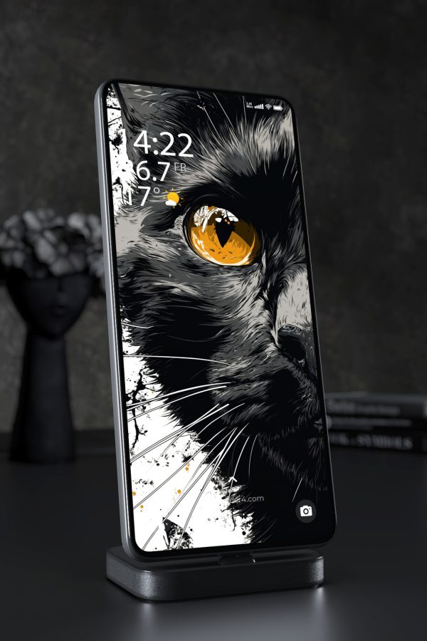 Phone Wallpaper 7557 - Golden Eye Black Cat Detailed Ink Illustration