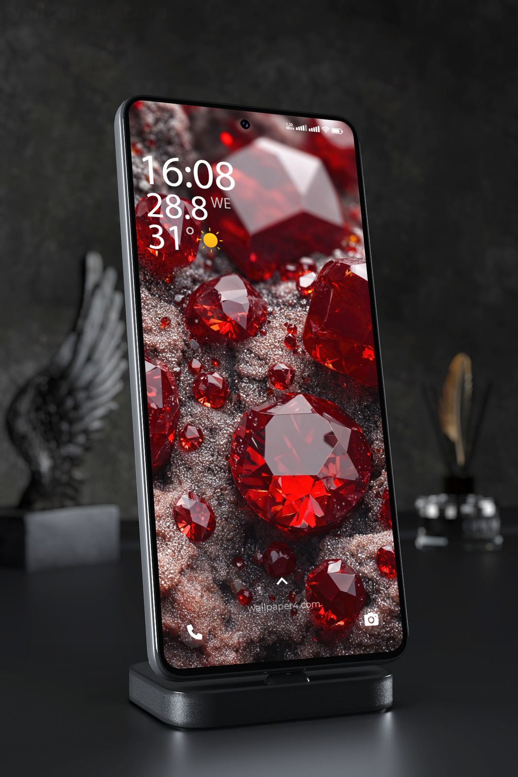 Phone Wallpaper 7562 - Radiant Red Garnet Crystals on Silver Stone