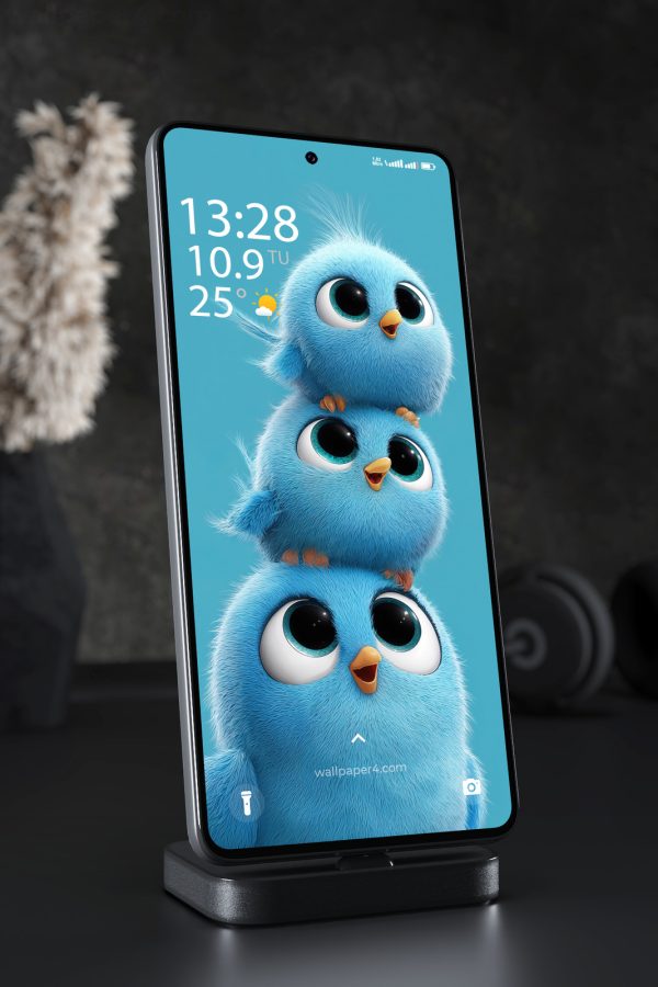 Phone Wallpaper 7584 - Cute Blue Birds Stacked in a Playful Tower