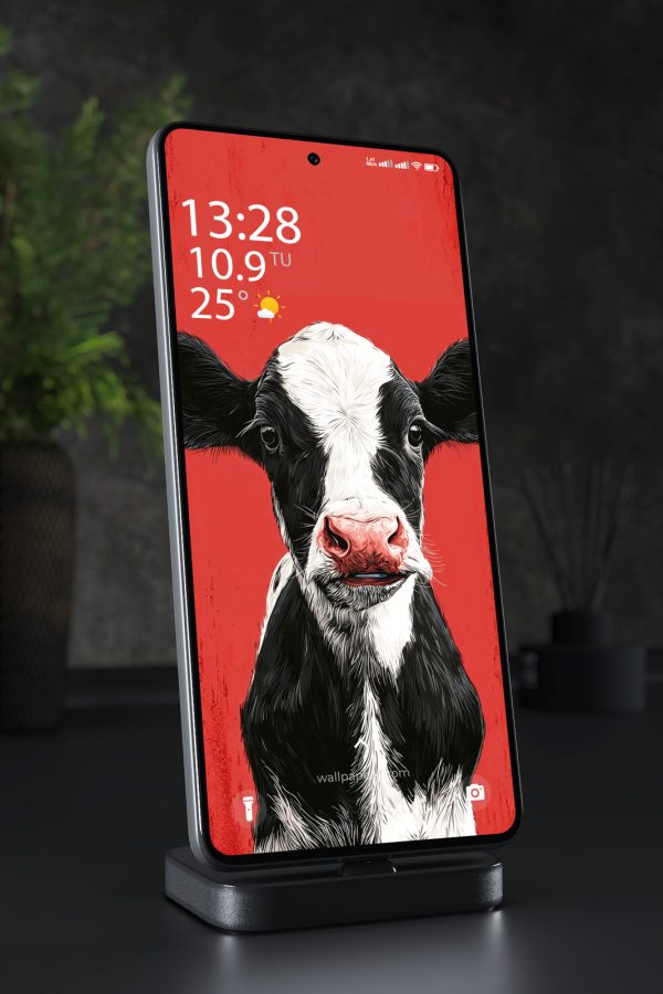 Phone Wallpaper 7587 - Black and White Cow on Bold Red Background