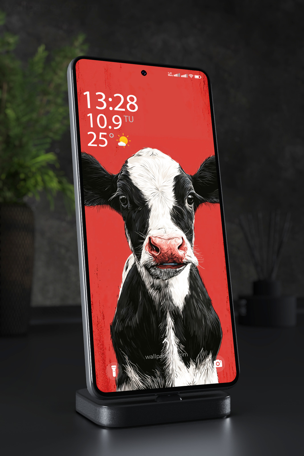 Phone Wallpaper 7587 - Black and White Cow on Bold Red Background