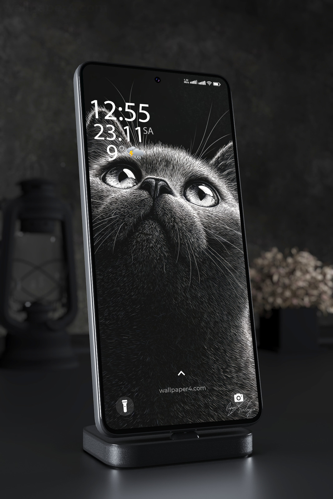 Mobile Wallpaper 7591 - Curious Black and White Cat Close-Up Art