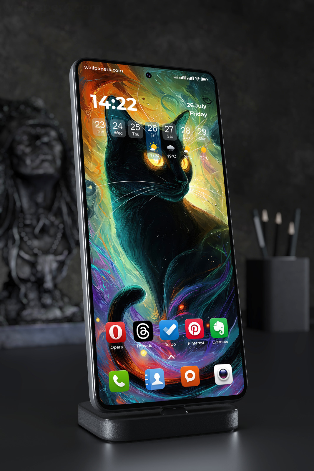 Phone Wallpaper 7595 - Mystical Black Cat in a Colorful Cosmic Swirl