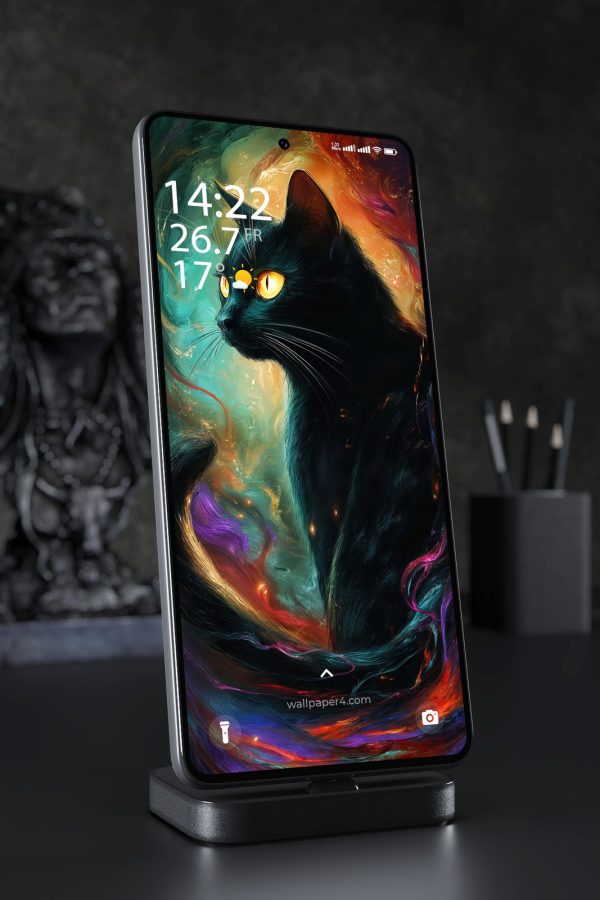 Mobile Wallpaper 7595 - Mystical Black Cat in a Colorful Cosmic Swirl