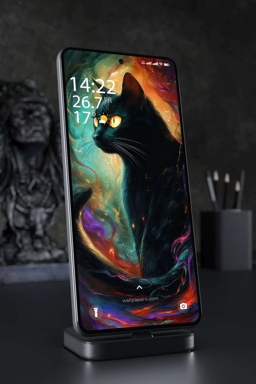 Mobile Wallpaper 7595 - Mystical Black Cat in a Colorful Cosmic Swirl