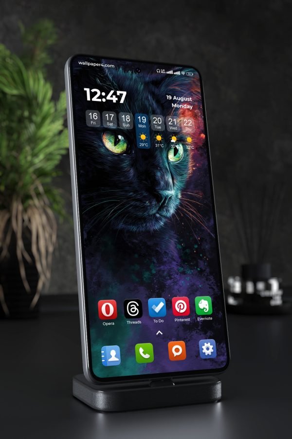 Phone Wallpaper 7598 - Mystical Black Cat with Glowing Golden Eyes
