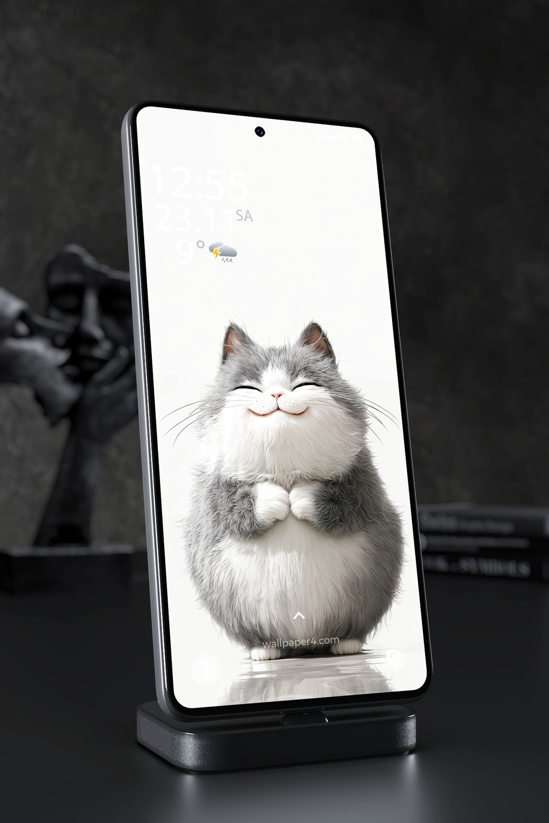 Phone Wallpaper 7603 - Smiling Fluffy Gray Cat Minimalist Art