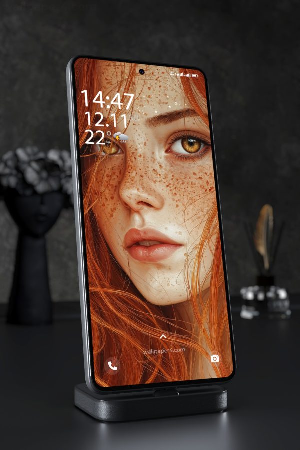 Phone Wallpaper 7608 - Redhead Beauty with Freckles and Green Eyes