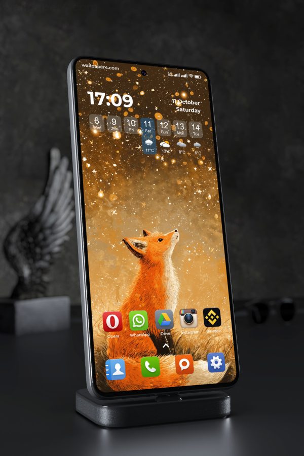 Phone Wallpaper 7612 - Golden Fox Beneath a Starry Autumn Sky