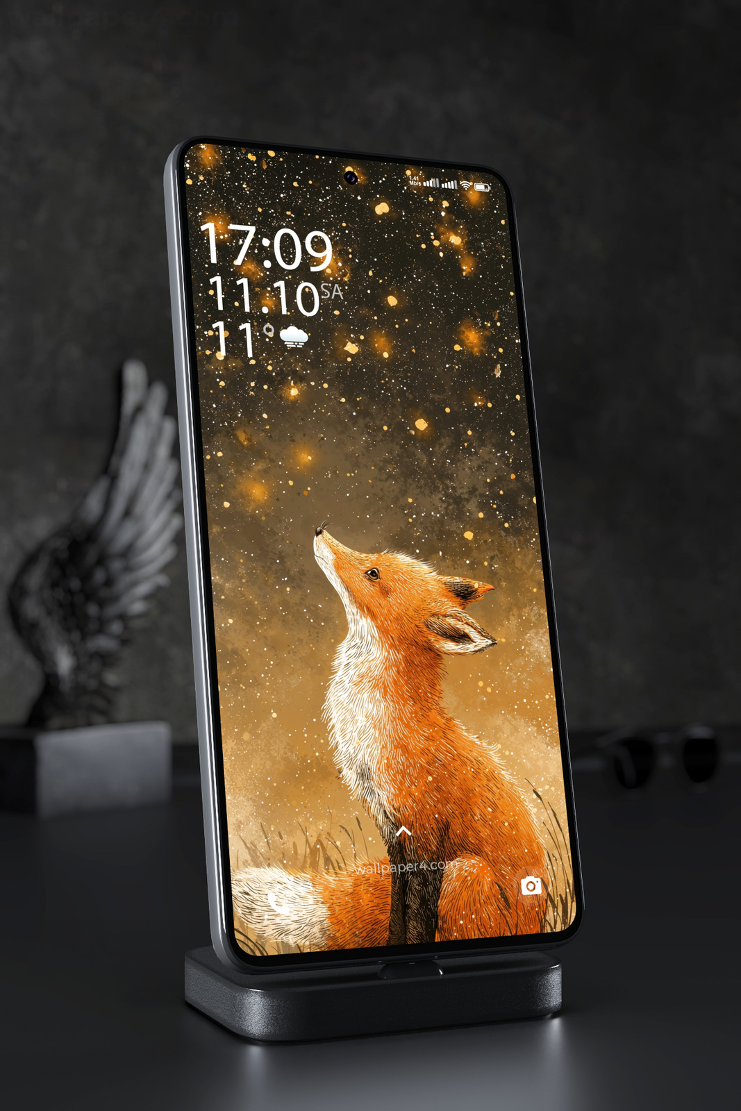 Mobile Wallpaper 7612 - Golden Fox Beneath a Starry Autumn Sky