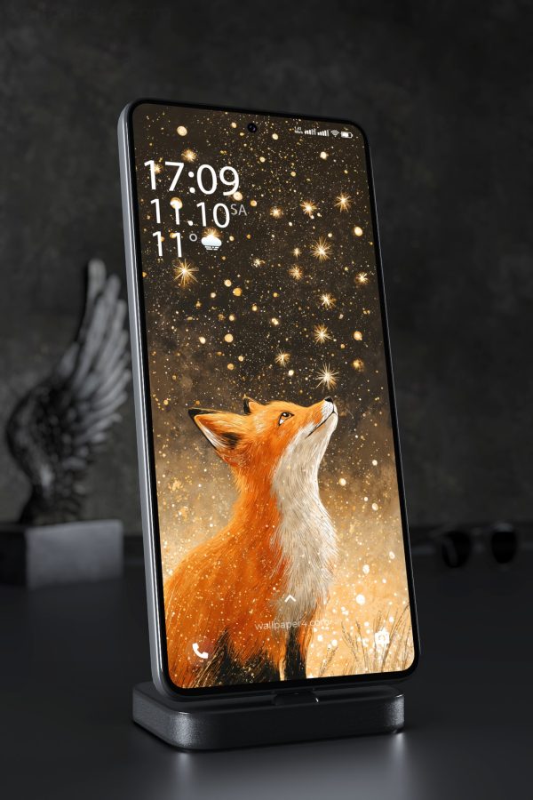 Mobile Wallpaper 7612 - Golden Fox Beneath a Starry Autumn Sky