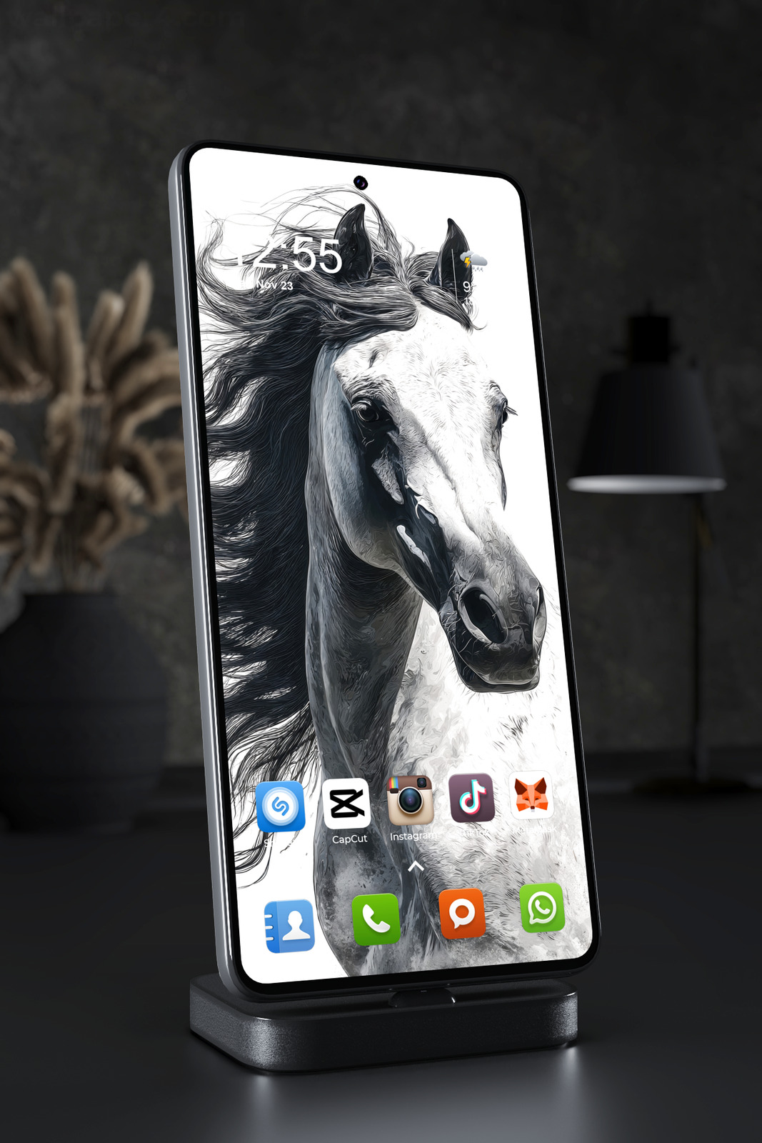 Phone Wallpaper 7616 - Majestic Black and White Horse Portrait Art