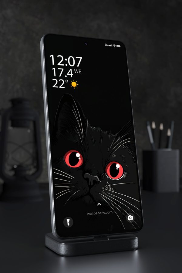 Phone Wallpaper 7637 - Black Cat with Glowing Red Eyes in the Dark