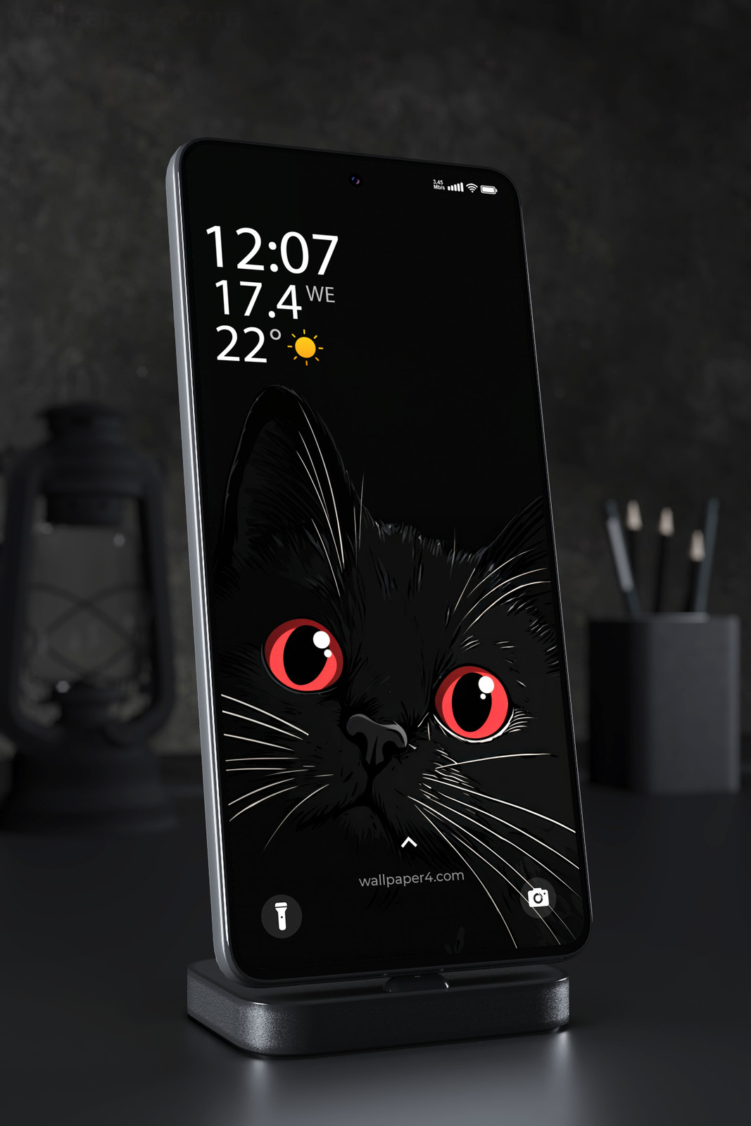 Phone Wallpaper 7637 - Black Cat with Glowing Red Eyes in the Dark