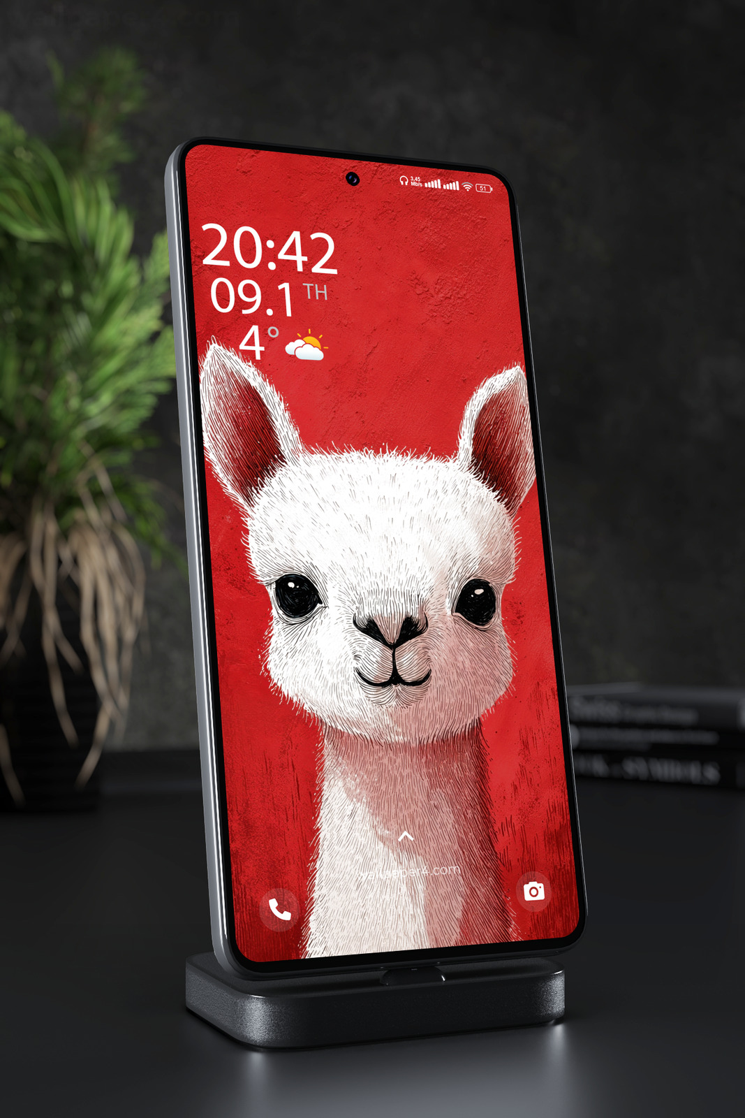 Mobile Wallpaper 7646 - Cute White Alpaca on a Bold Red Background
