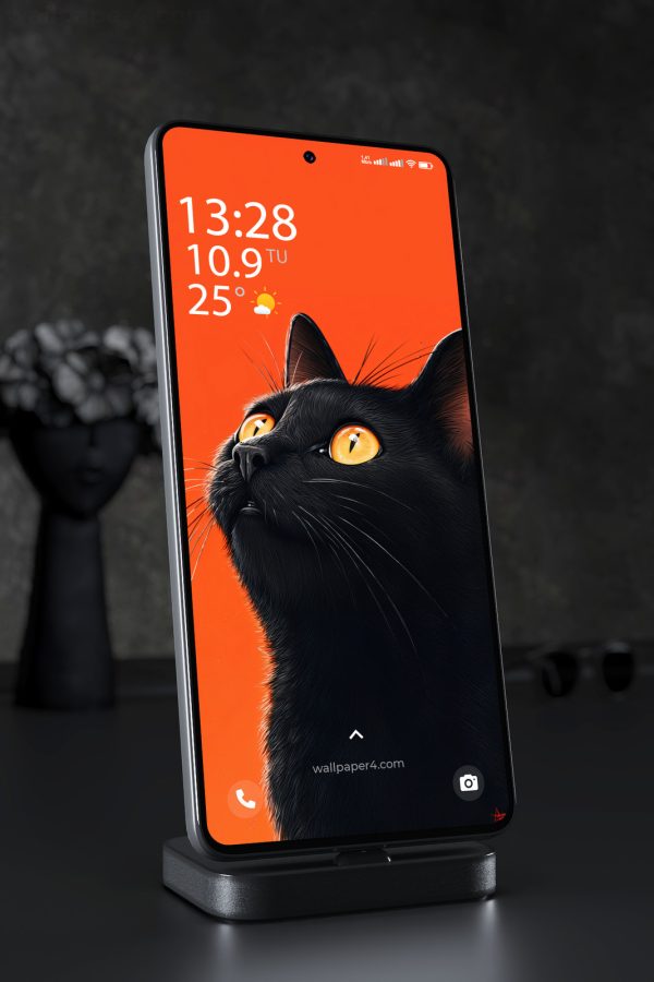 Phone Wallpaper 7656 - Black Cat with Fiery Eyes on Orange Background