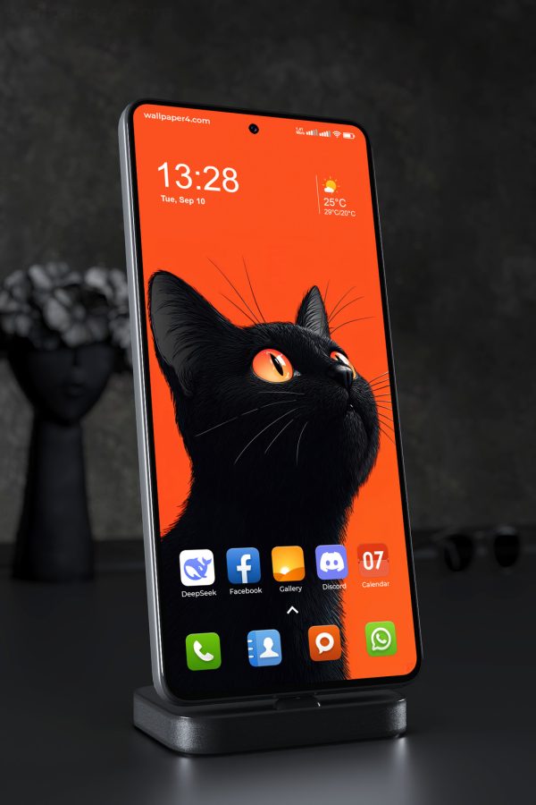 Mobile Wallpaper 7656 - Black Cat with Fiery Eyes on Orange Background