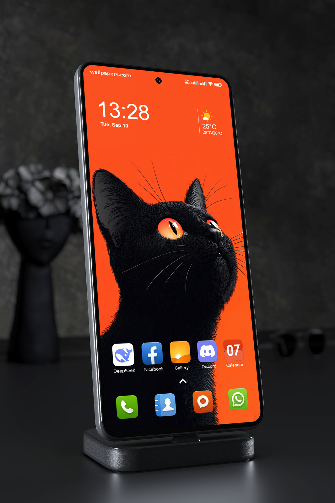 Mobile Wallpaper 7656 - Black Cat with Fiery Eyes on Orange Background