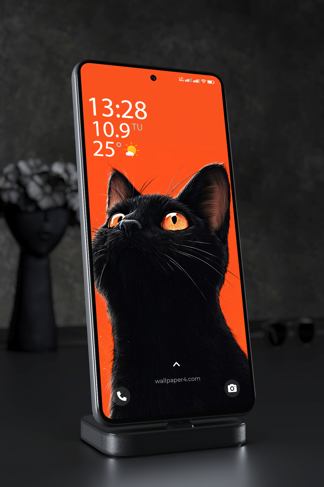 Mobile Wallpaper 7656 - Black Cat with Fiery Eyes on Orange Background