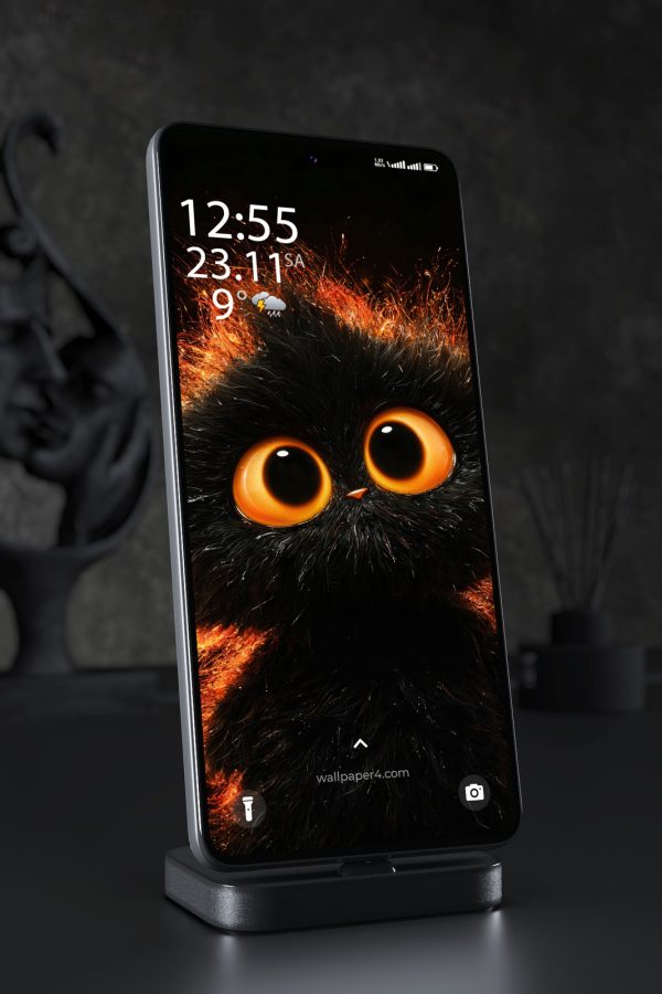 Phone Wallpaper 7673 - Fiery Black Owl with Glowing Orange Eyes