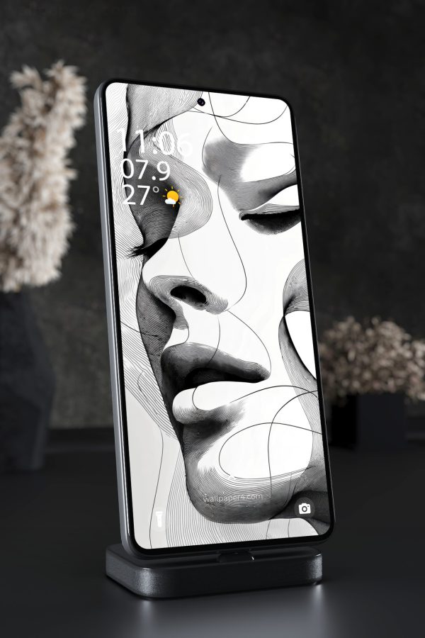 Phone Wallpaper 7676 - Abstract Monochrome Face with Flowing Line Art