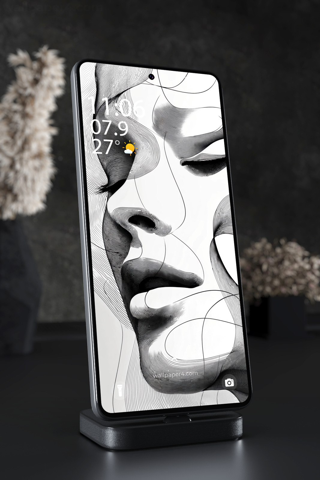 Phone Wallpaper 7676 - Abstract Monochrome Face with Flowing Line Art