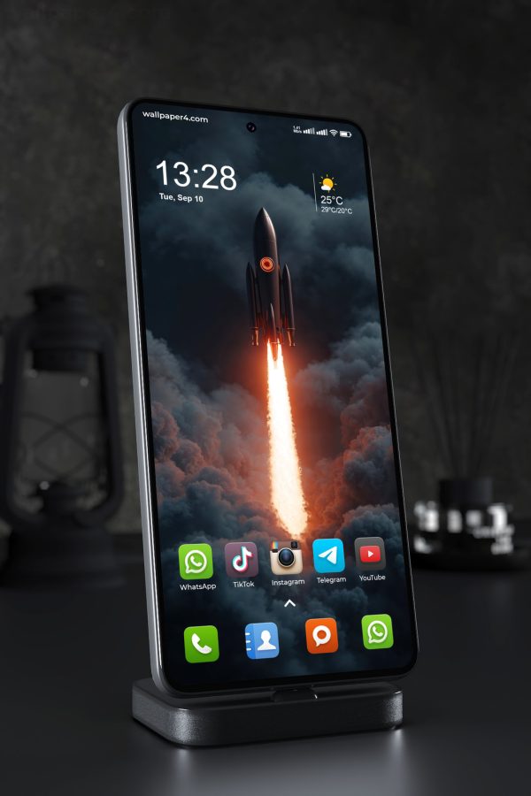 Phone Wallpaper 7685 - Retro Rocket Launch Through Dark Storm Clouds