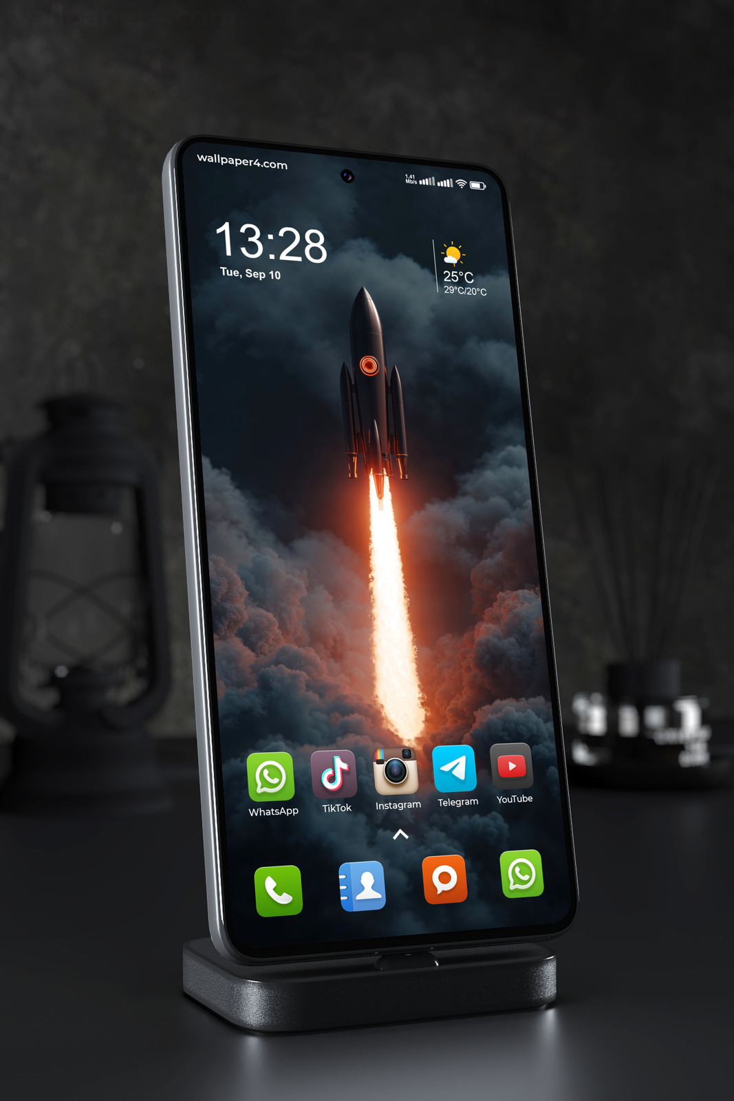 Phone Wallpaper 7685 - Retro Rocket Launch Through Dark Storm Clouds