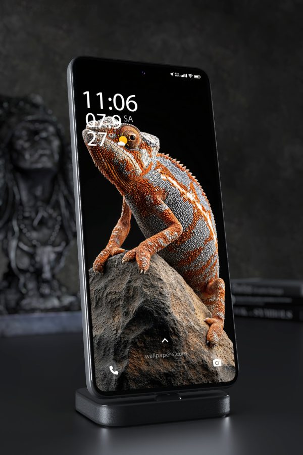 Phone Wallpaper 7690 - Vibrant Orange Chameleon on a Dark Rock