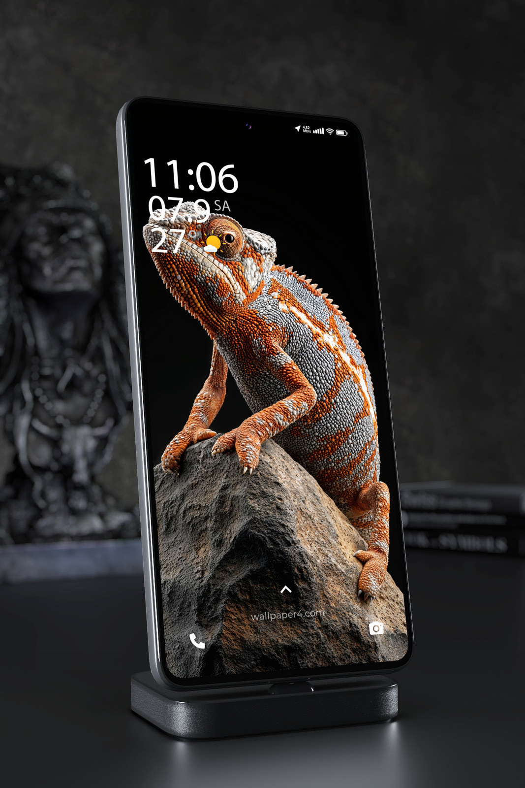 Phone Wallpaper 7690 - Vibrant Orange Chameleon on a Dark Rock