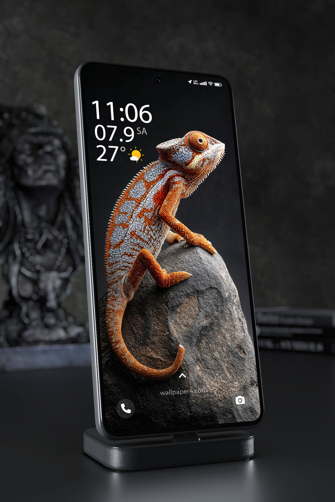 Mobile Wallpaper 7690 - Vibrant Orange Chameleon on a Dark Rock