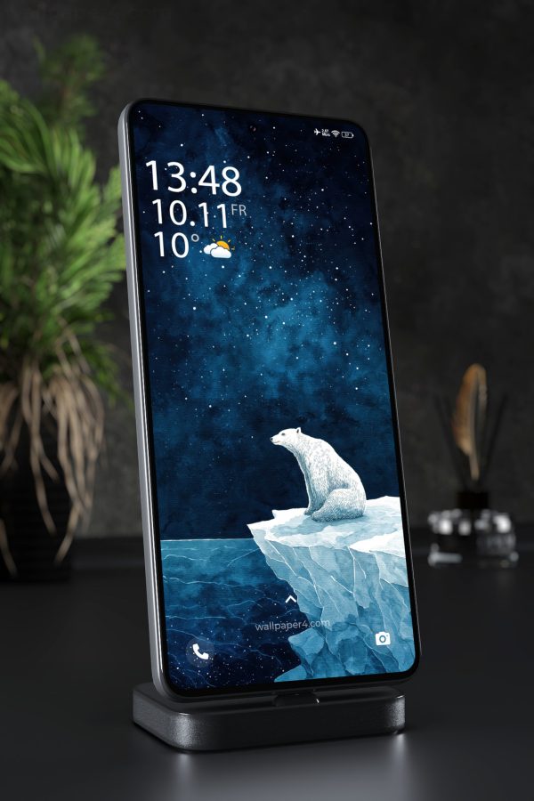 Phone Wallpaper 7694 - Polar Bear Beneath a Starry Arctic Sky
