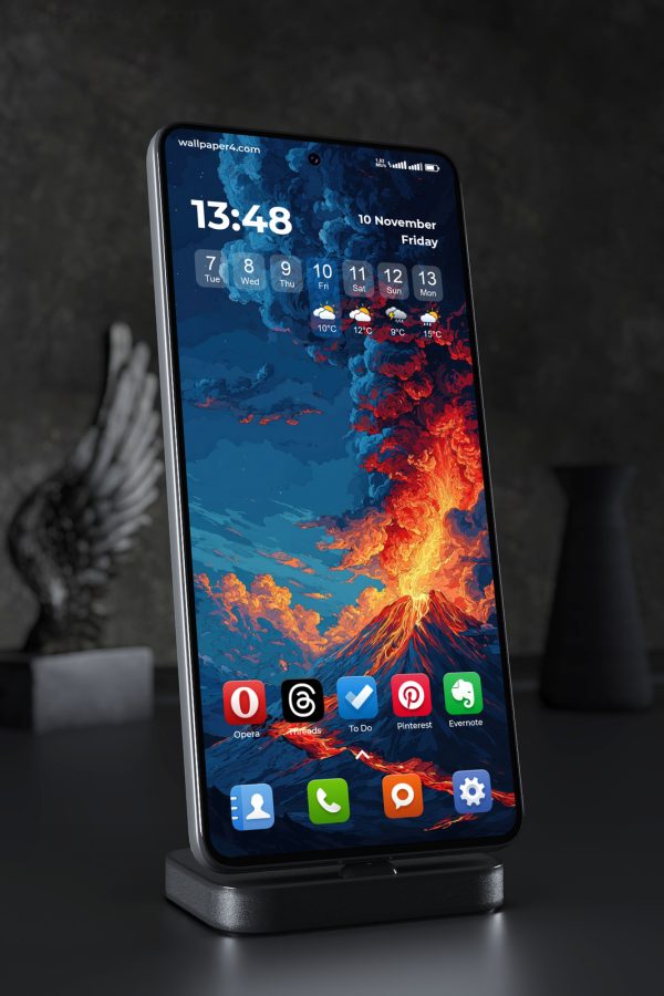 Phone Wallpaper 7708 - Fiery Volcano Eruption Under a Dark Blue Sky