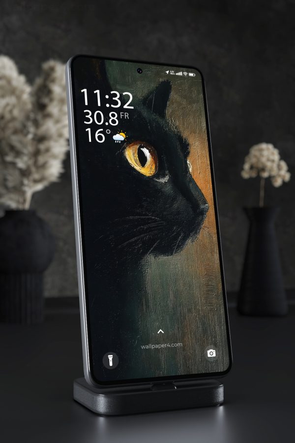 Phone Wallpaper 7716 - Black Cat Portrait with Golden Eyes Painting