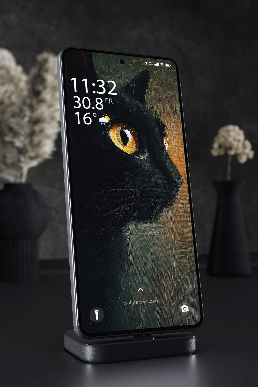 Phone Wallpaper 7716 - Black Cat Portrait with Golden Eyes Painting