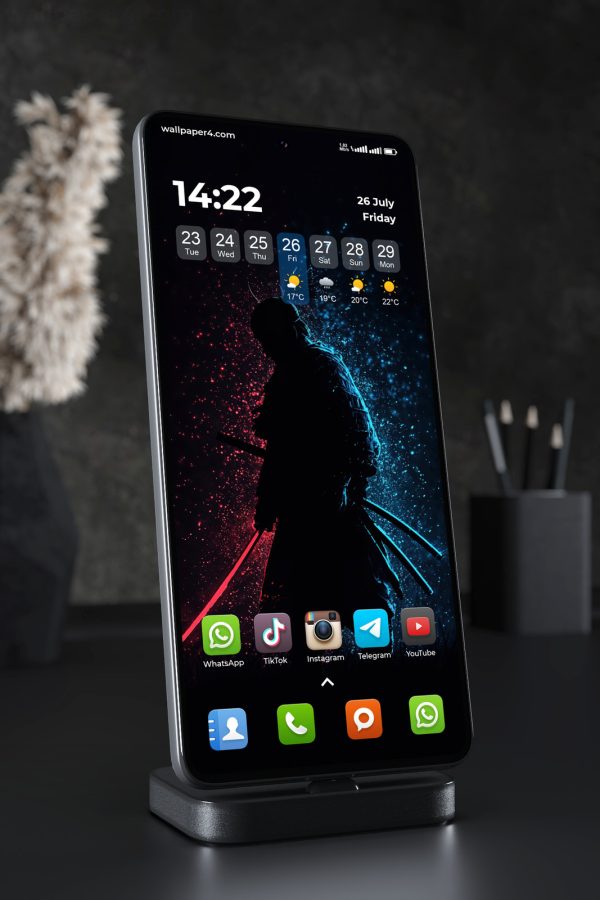 Phone Wallpaper 7730 - Neon Samurai Silhouette in Red and Blue