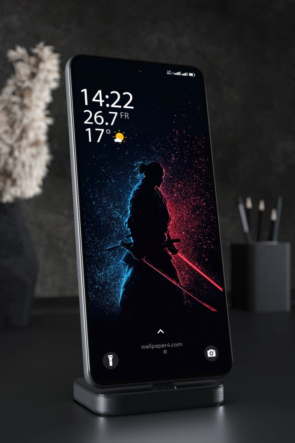 Mobile Wallpaper 7730 - Neon Samurai Silhouette in Red and Blue