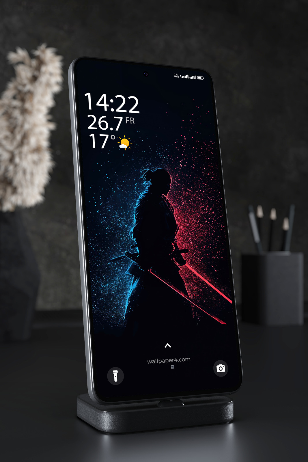 Mobile Wallpaper 7730 - Neon Samurai Silhouette in Red and Blue