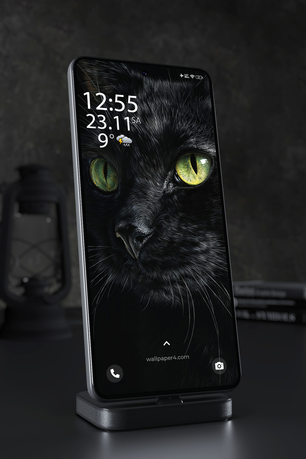 Phone Wallpaper 7739 - Black Cat with Glowing Green Eyes in Darkness