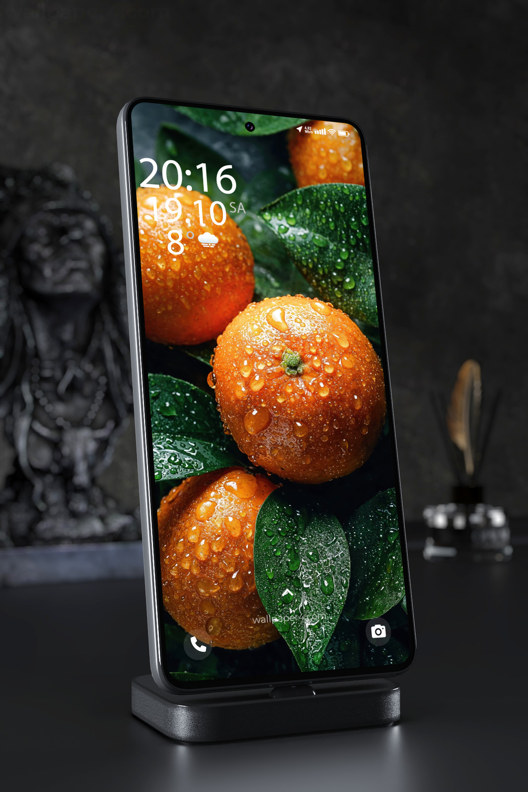Phone Wallpaper 7743 - Fresh Oranges with Water Drops and Green Leaves