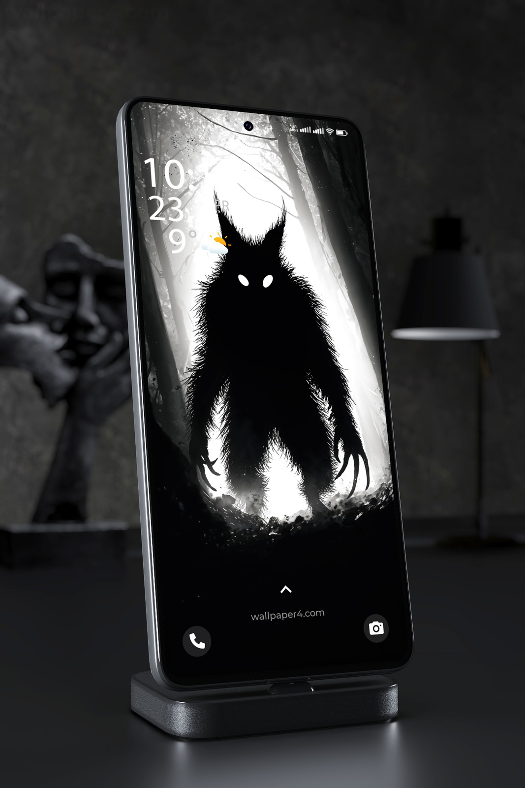 Phone Wallpaper 7753 - Shadow Wolf Creature in a Foggy Dark Forest
