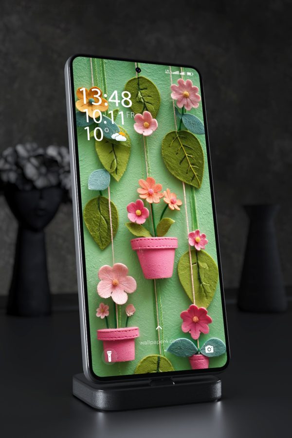 Phone Wallpaper 7757 - Colorful Felt Flowers in Pink Garden Pots
