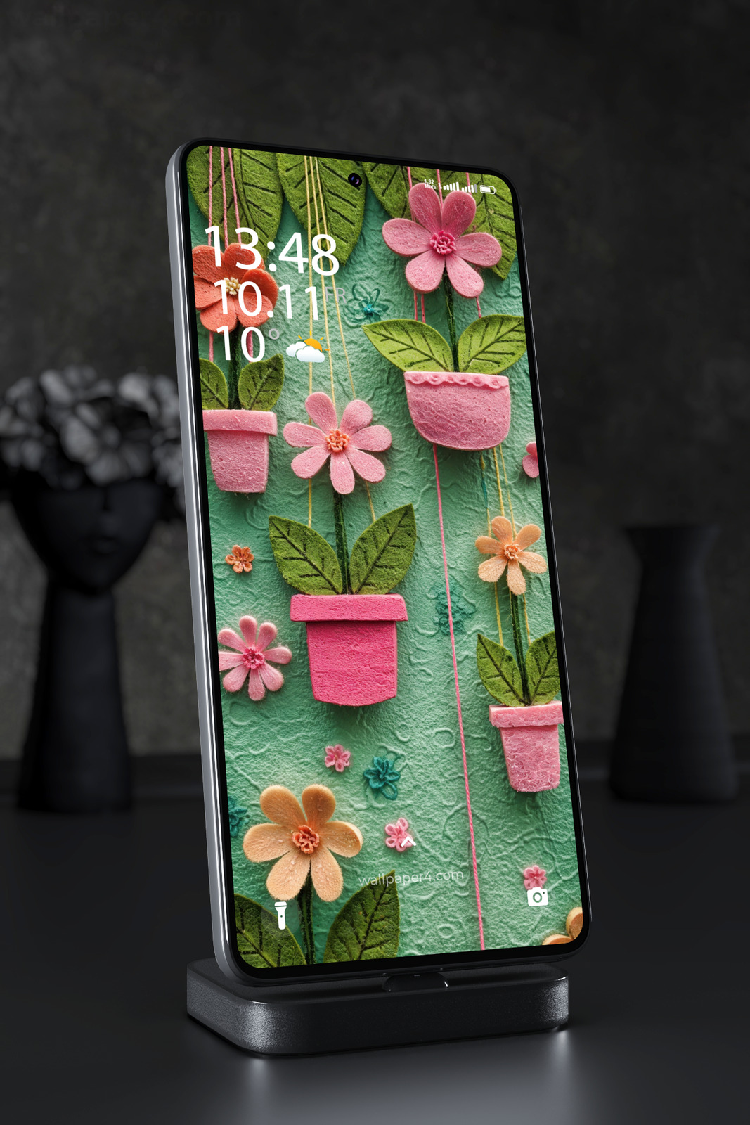 Mobile Wallpaper 7757 - Colorful Felt Flowers in Pink Garden Pots